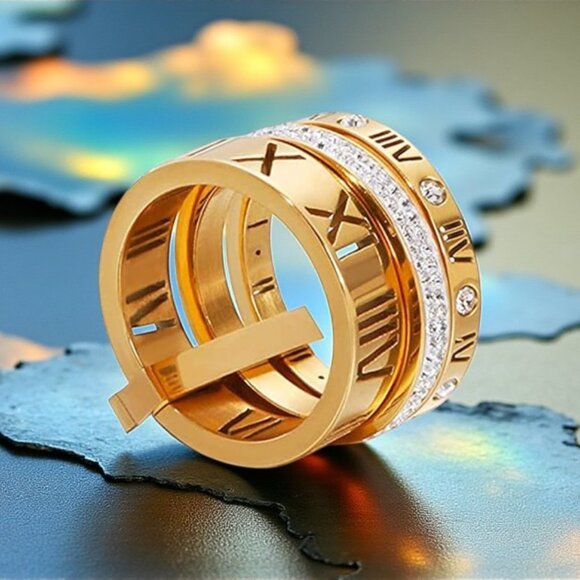 🆕️Modern Classic Roman Numeral Unisex Ring 18K Gold Plated Stainless Steel Sz 9 - Picture 1 of 13